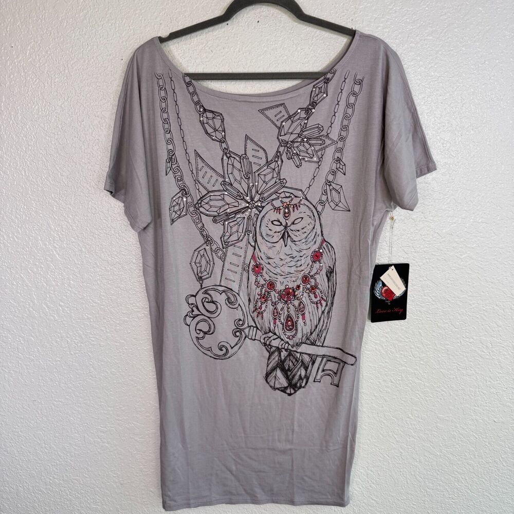 Key Closet Shirt Womens Large Tunic Owl Key Swarovski Crystal Rhinestone Bird